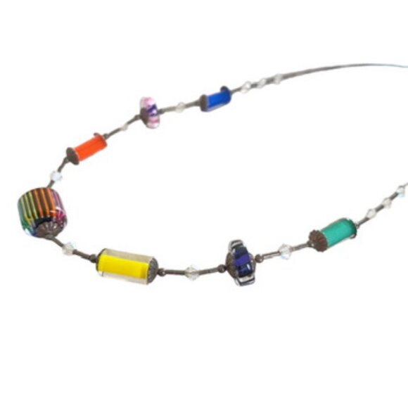 Sterling Silver Beaded Choker Rainbow Art Glass Necklace Modernist Jewelry Artsy - Picture 8 of 13
